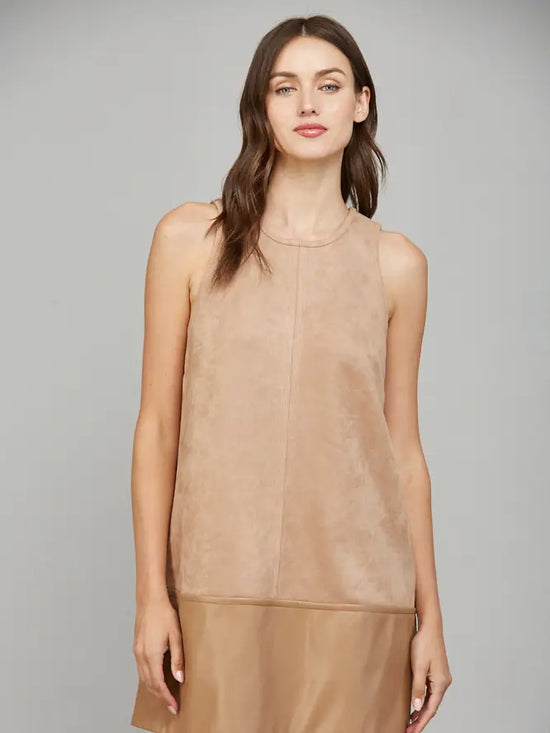 SUEDE SHIFT DRESS W/ FAUX LEATHER HEM