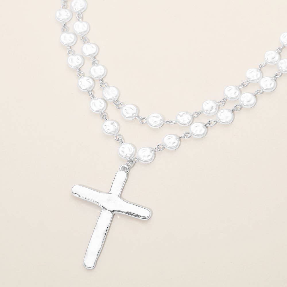 Cross & Pearl Disc Beads Chain Layered Necklace