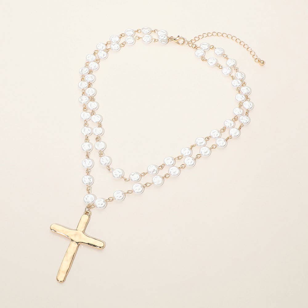 Cross & Pearl Disc Beads Chain Layered Necklace