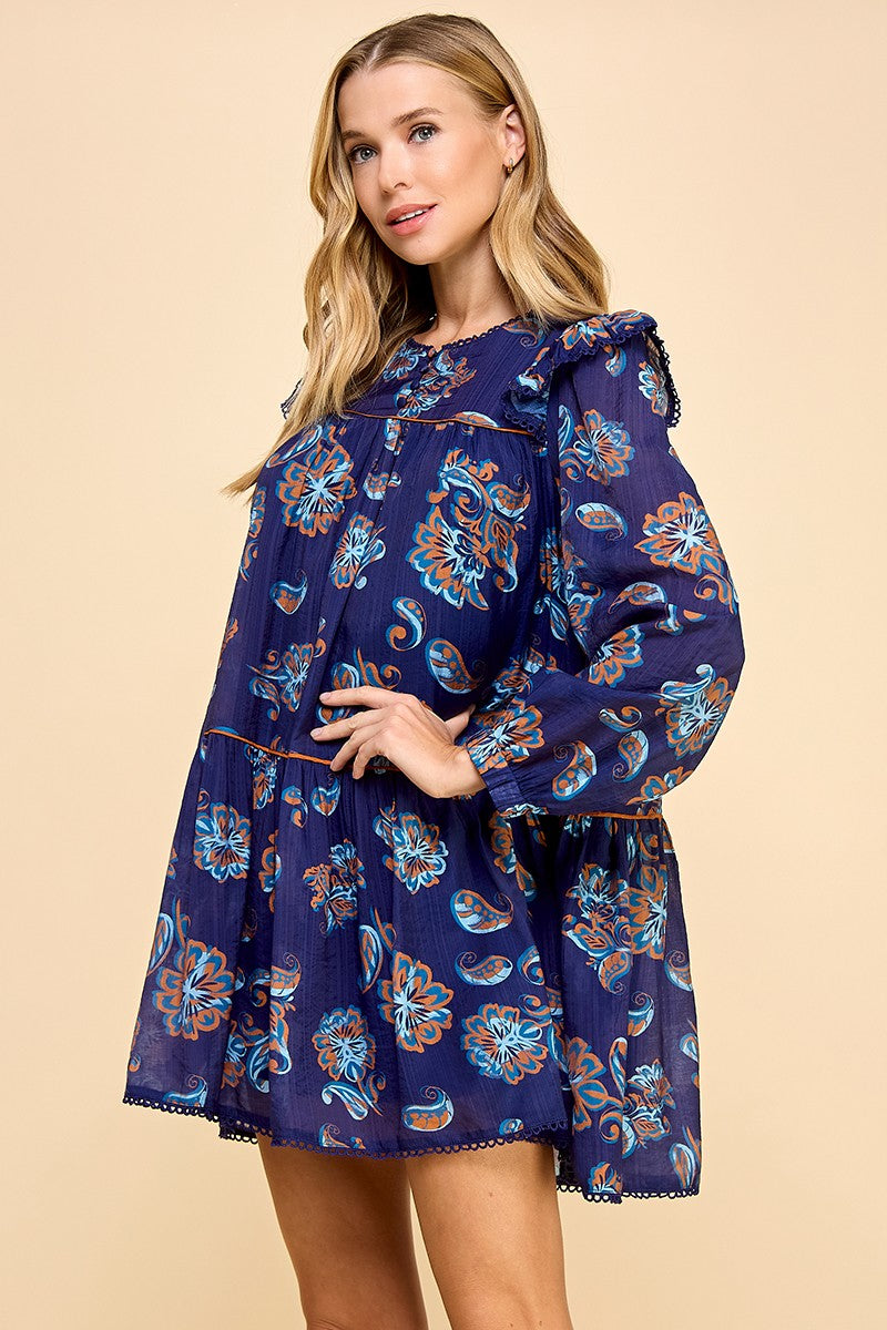 Paisley Print Scallop Detail Dress