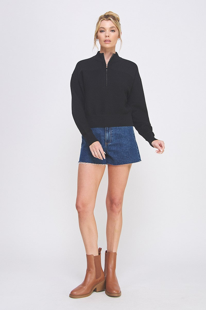 3/4 ZIP SWEATER- BLACK