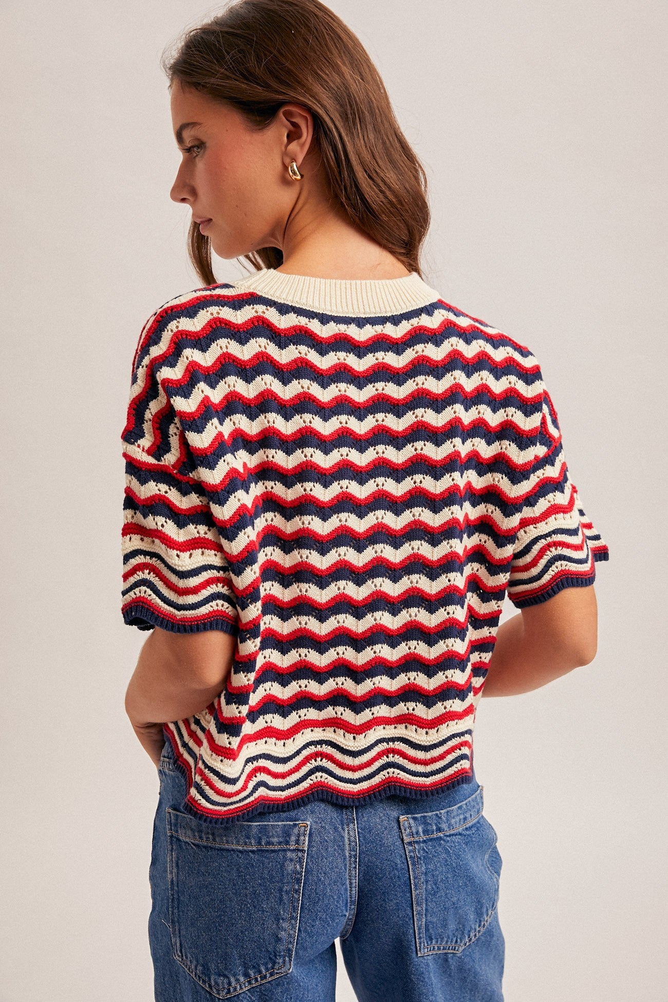 STRIPED SHORT SLEEVE OPEN KNIT TOP