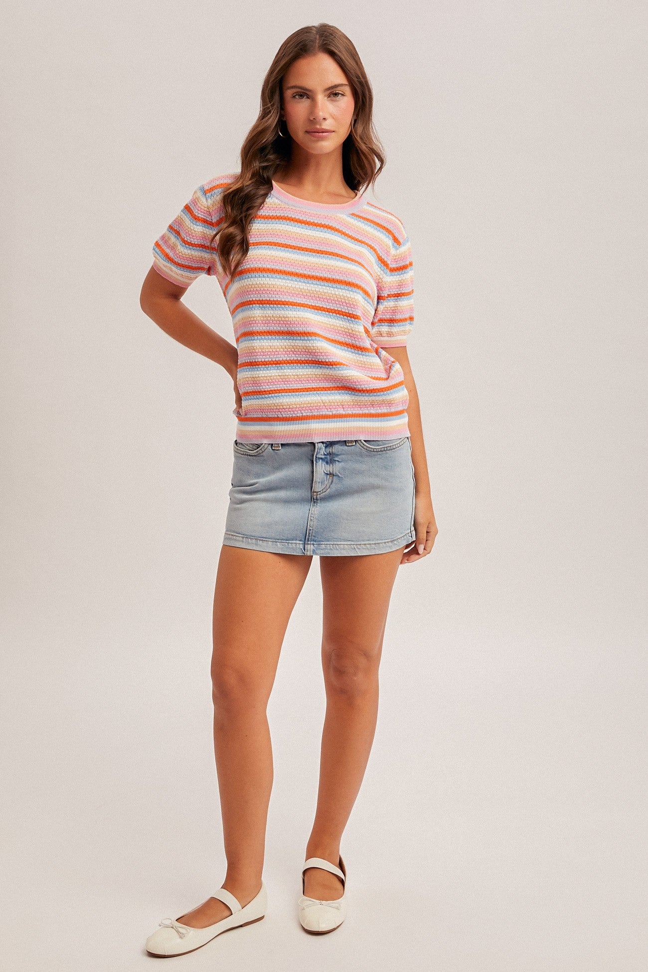 STRIPED POINTELLE KNIT TOP