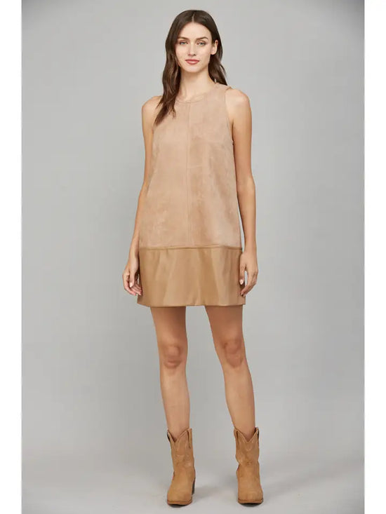 SUEDE SHIFT DRESS W/ FAUX LEATHER HEM