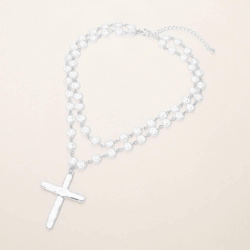 Cross & Pearl Disc Beads Chain Layered Necklace