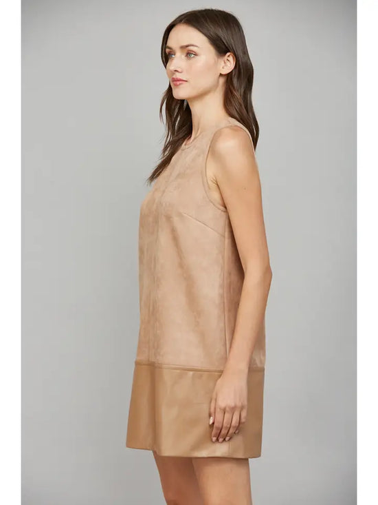 SUEDE SHIFT DRESS W/ FAUX LEATHER HEM
