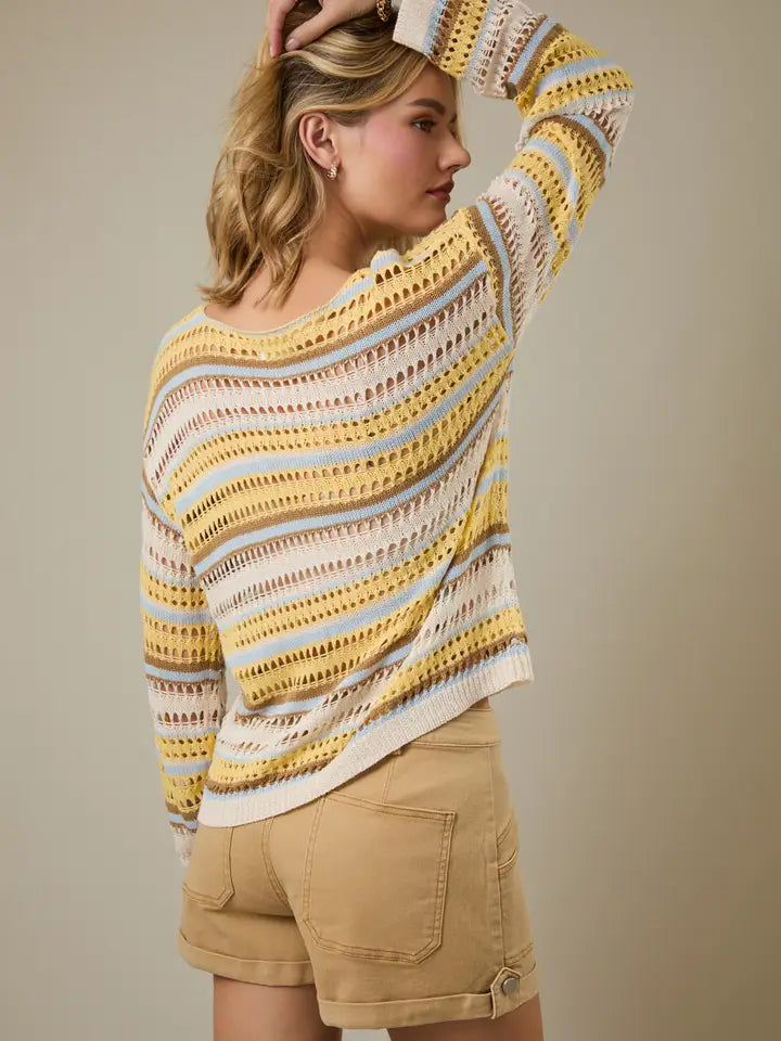 OPEN WEAVE STRIPED SWEATER TOP