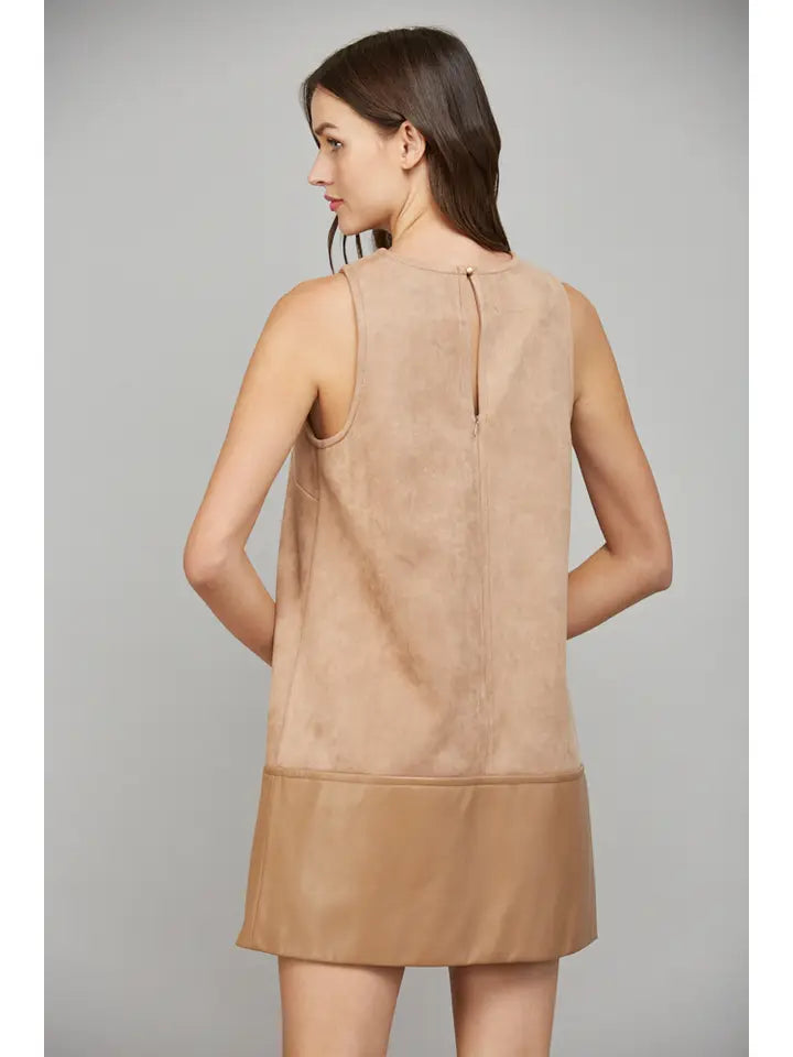 SUEDE SHIFT DRESS W/ FAUX LEATHER HEM