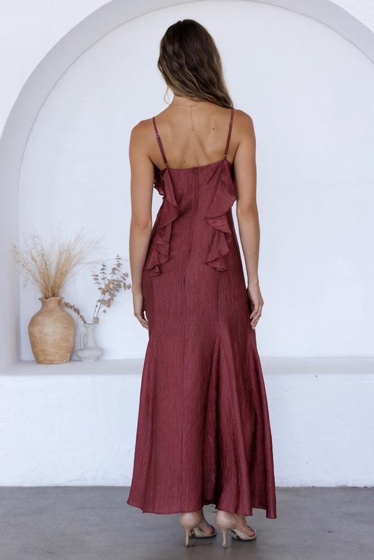 Raspberry ruffle-textured maxi dress, side view