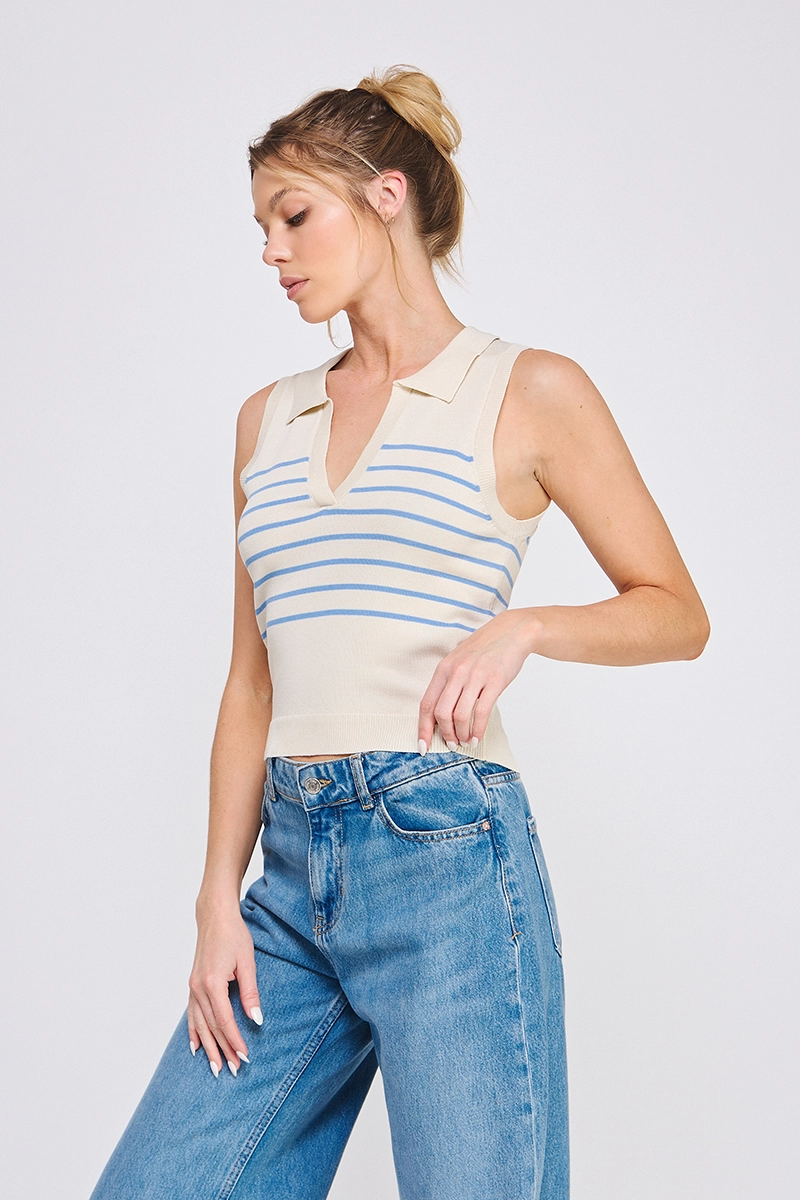 STRIPED KNIT POLO TANK
