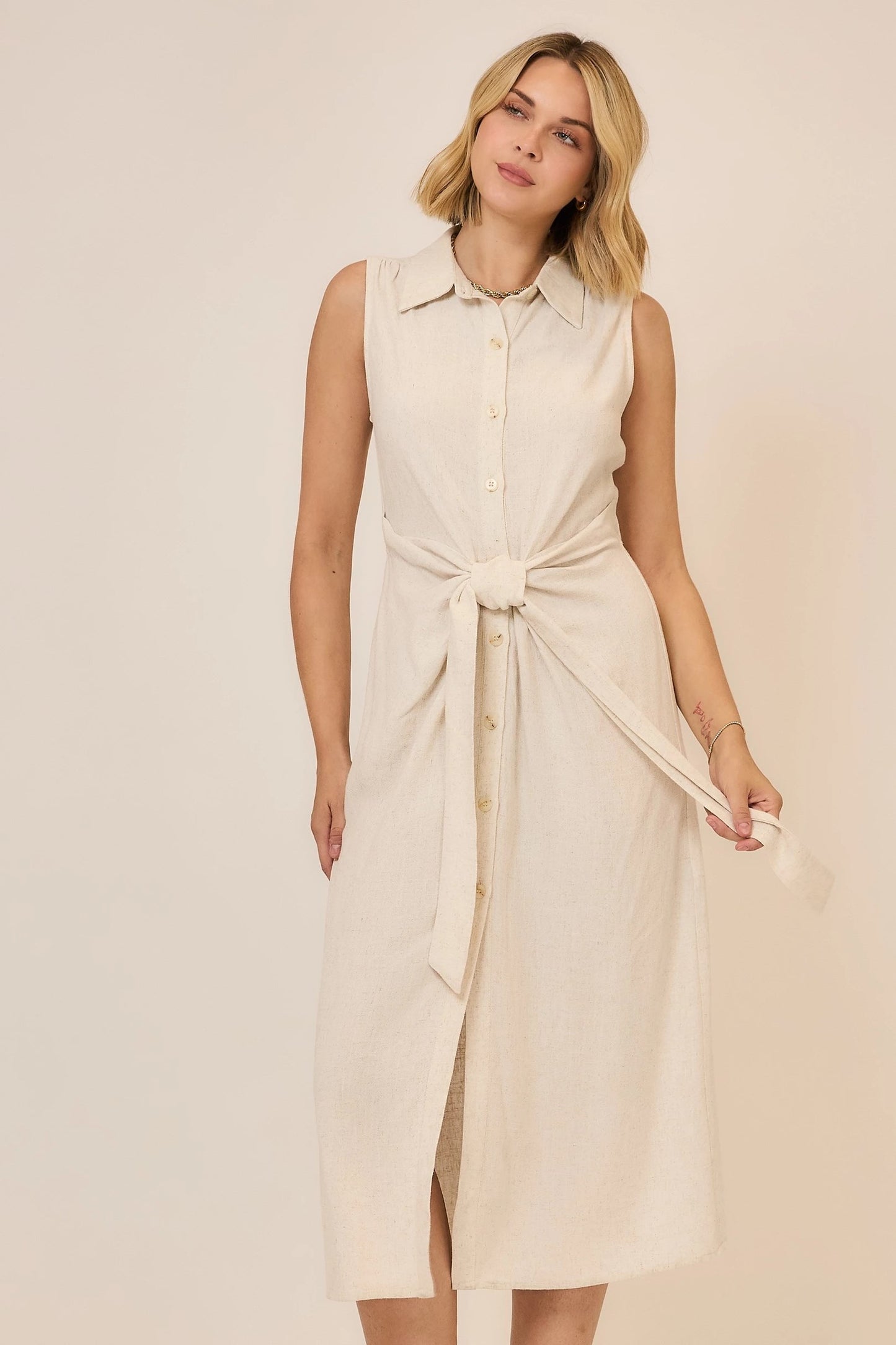 WAIST TIE MIDI DRESS