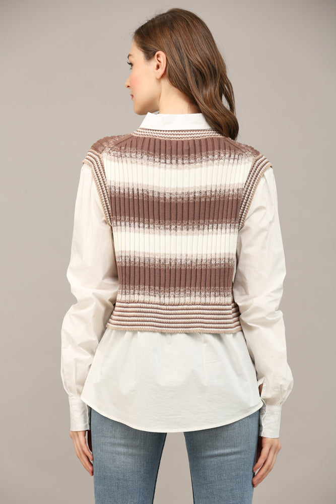 Knit vest-overlay twofer shirt, side styling view