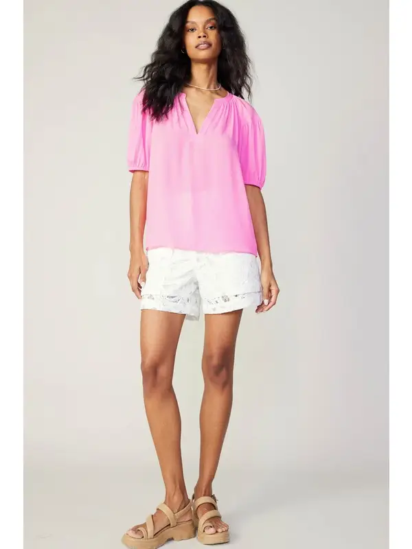 SHORT SLEEVE SPLIT NECK BLOUSE