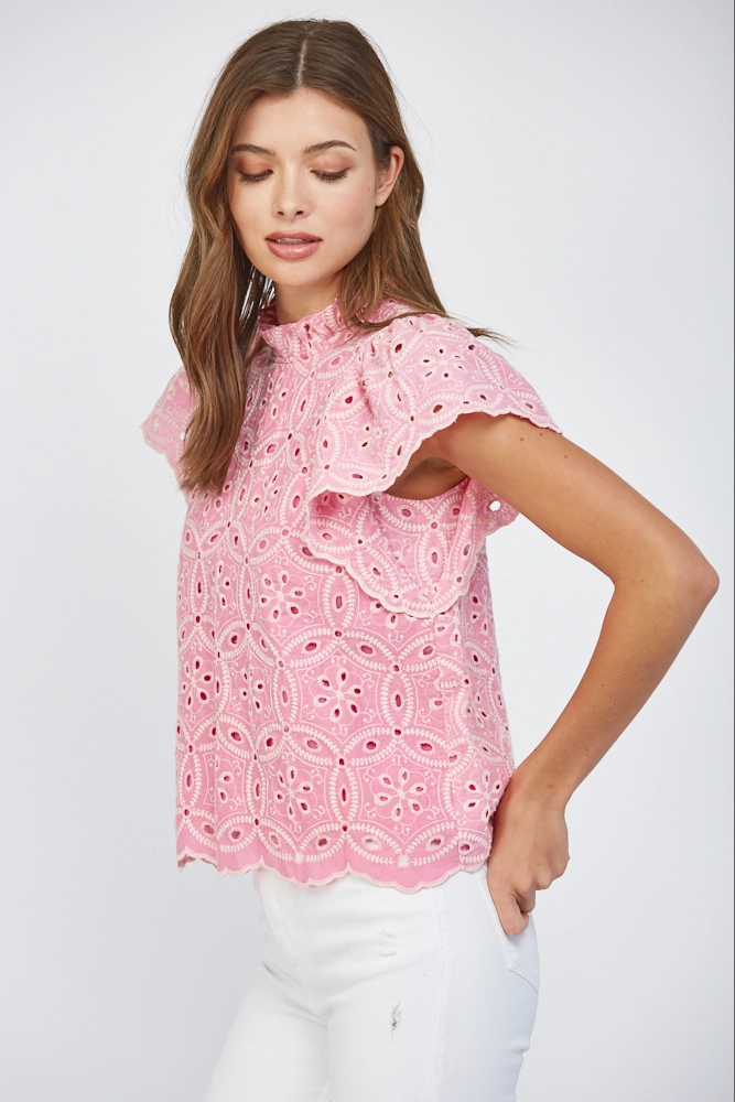 EMBROIDERED CUT-OUT AND SCALLOP HEM TOP