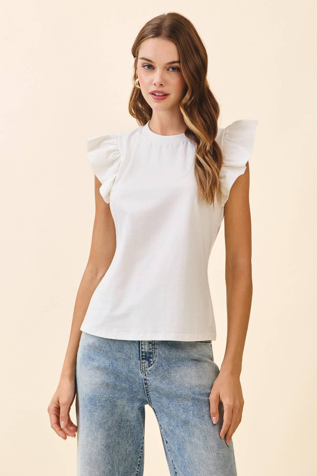 White ruffled flutter-sleeve sleeveless top