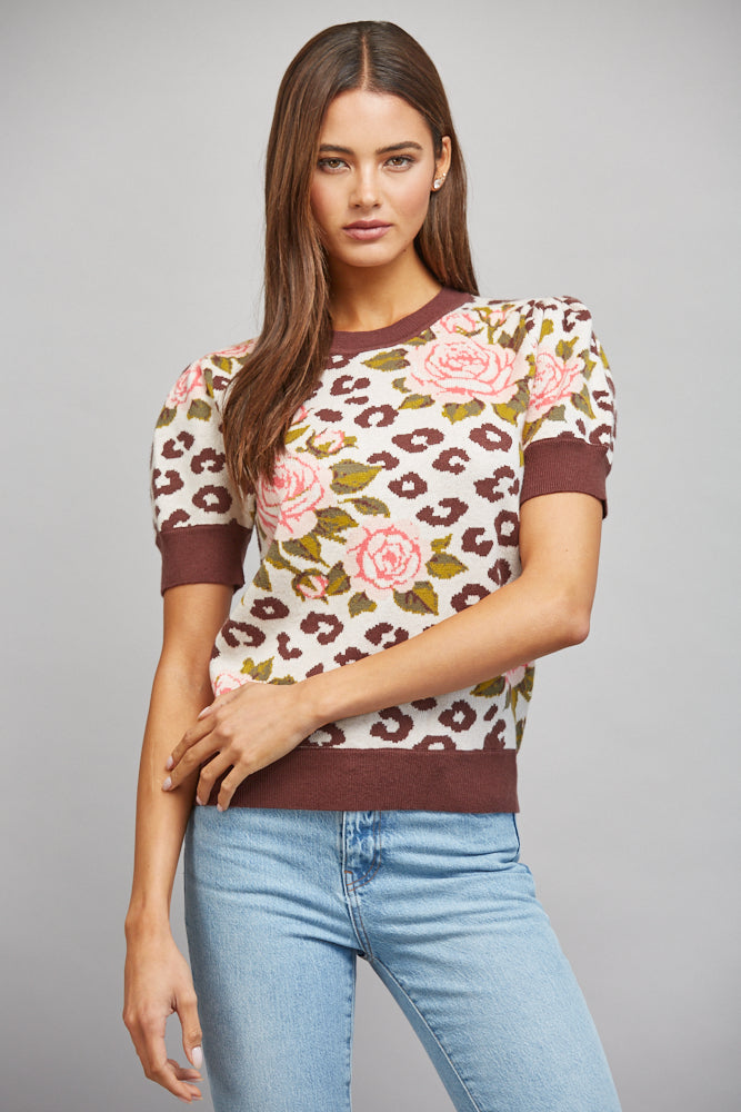 Floral and leopard jacquard knit sweater with brown ribbed trim