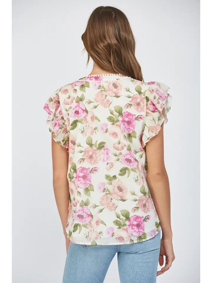 FLORAL TUCK DETAIL FLUTTER TOP