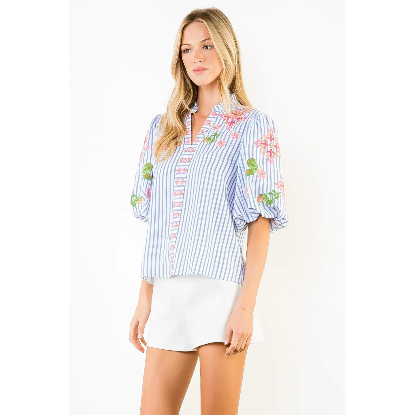 Floral Embroidered Striped Top