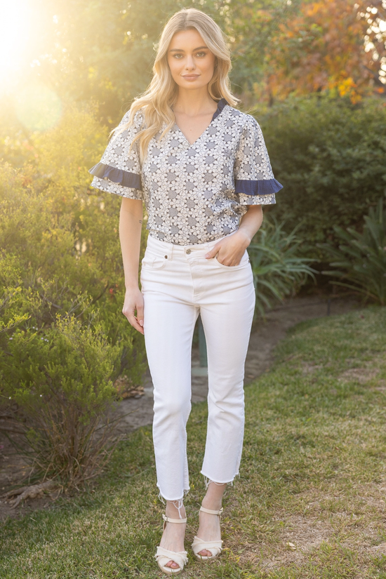FLORAL EMBROIDERED RUFFLE ACCENT TOP