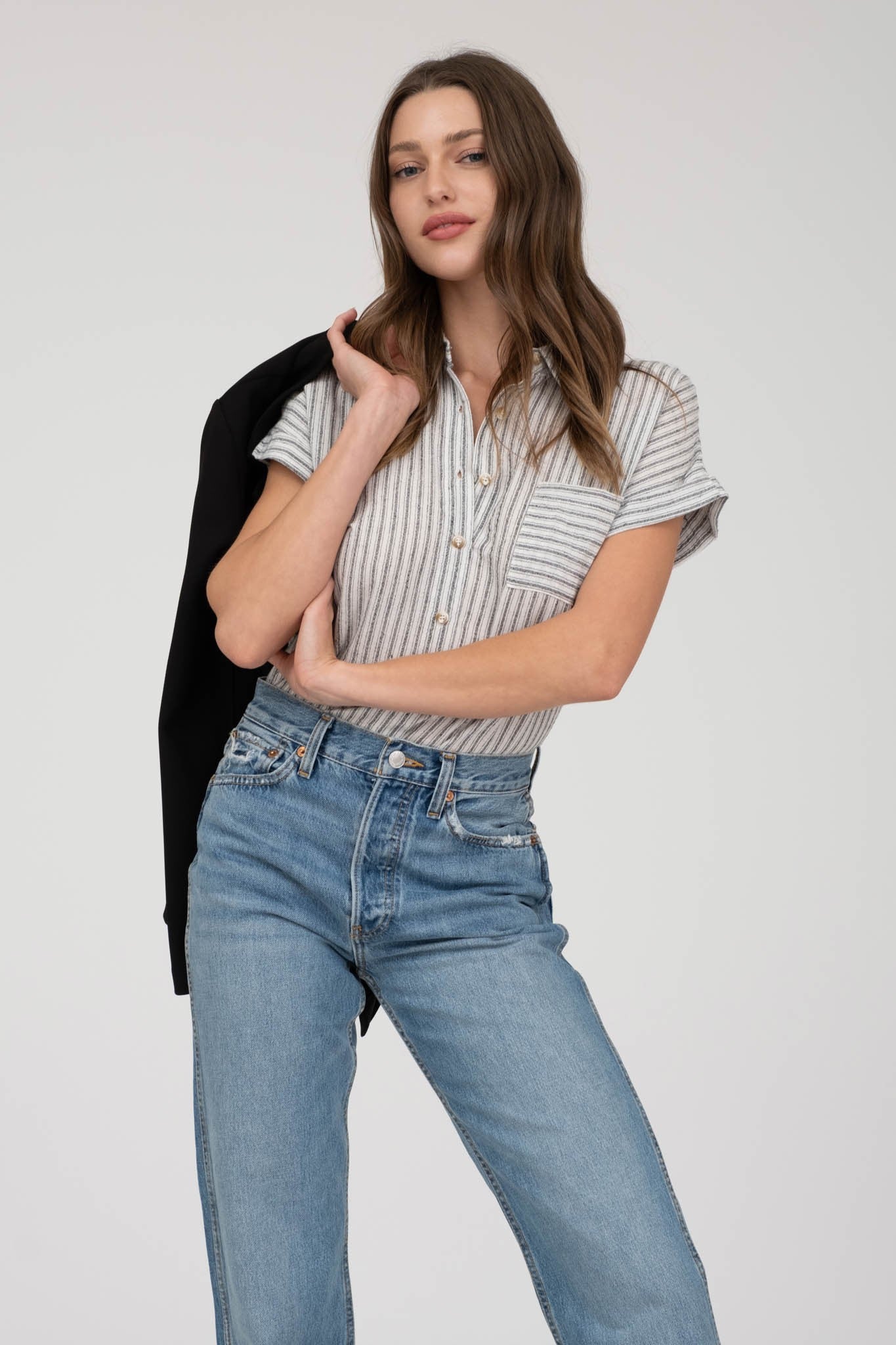STRIPED COLLARED LINEN TOP