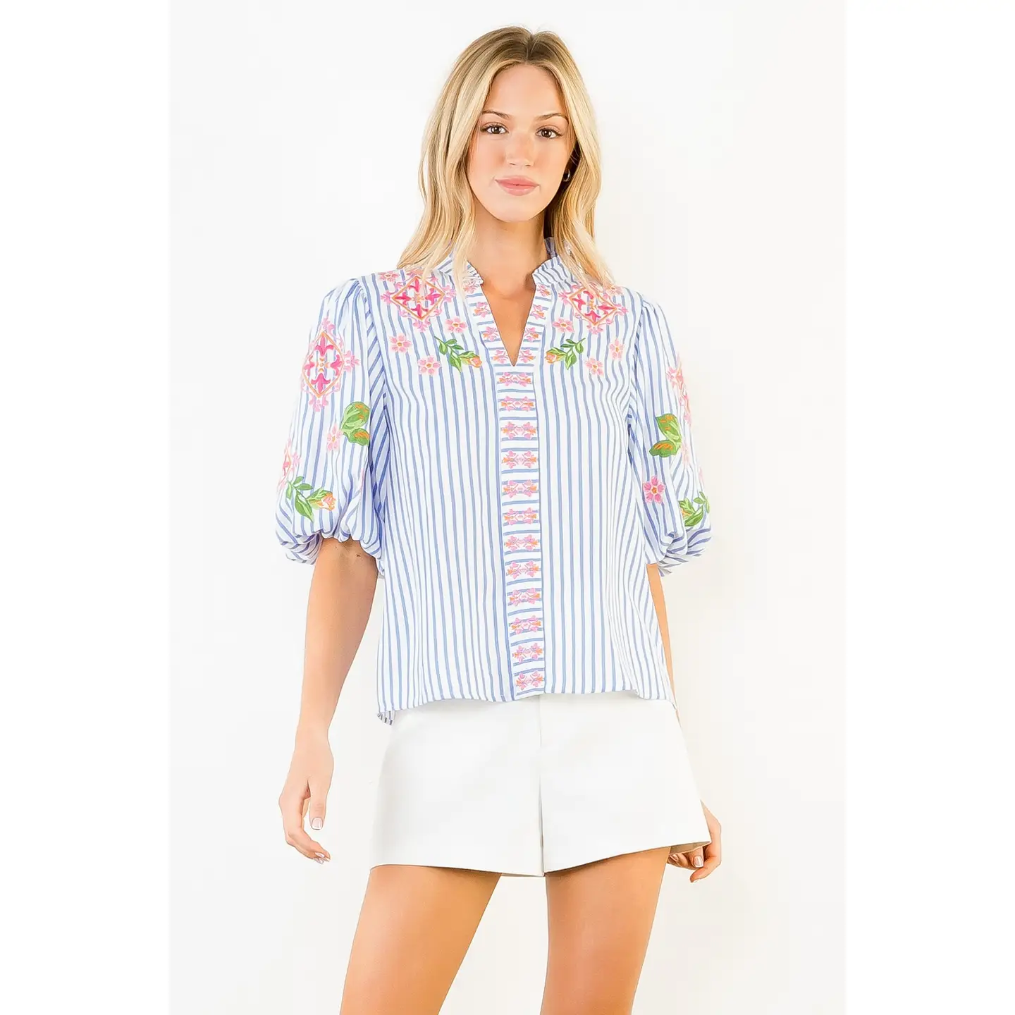 Floral Embroidered Striped Top
