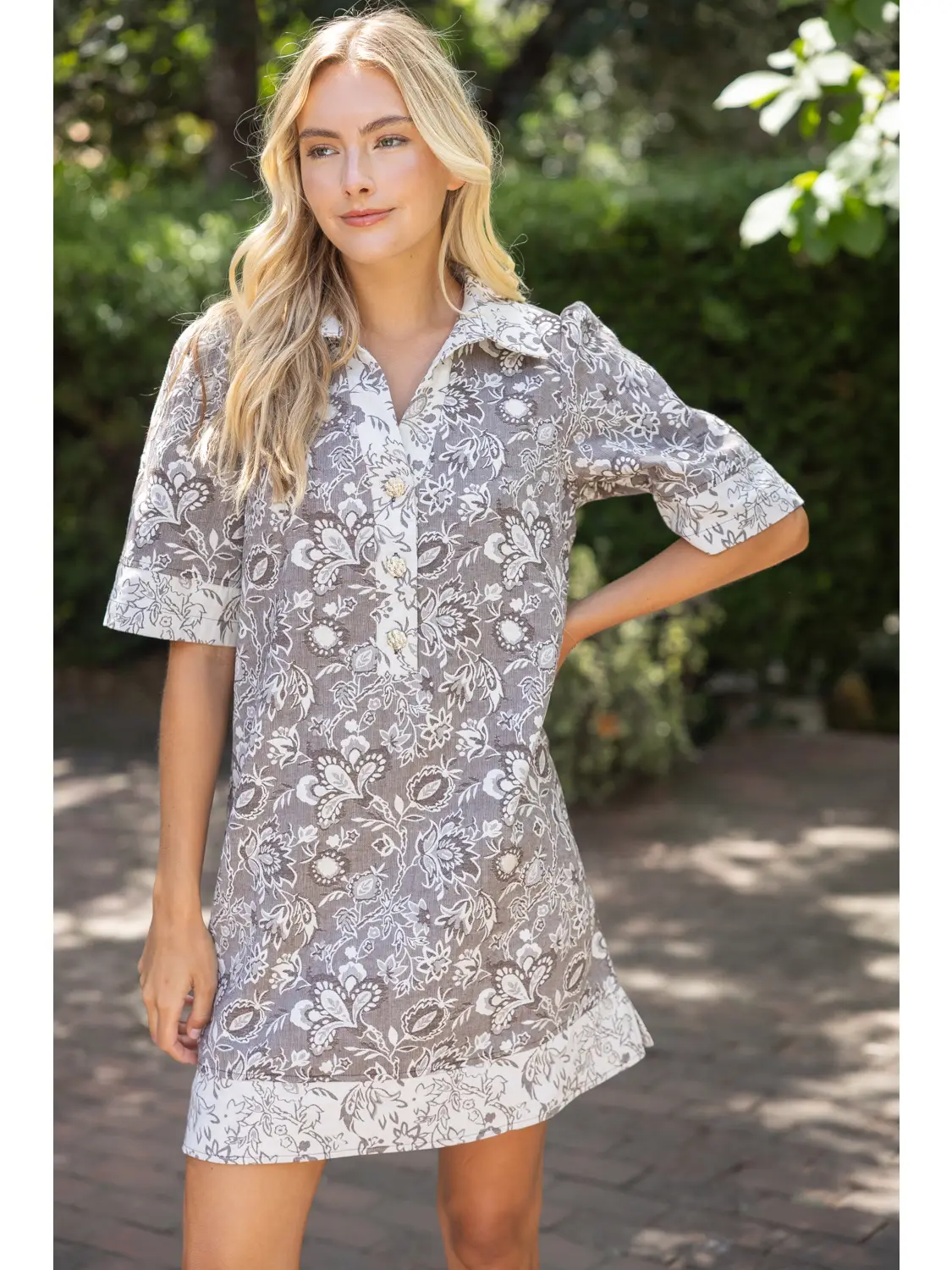 Brown floral jacquard mini dress back view