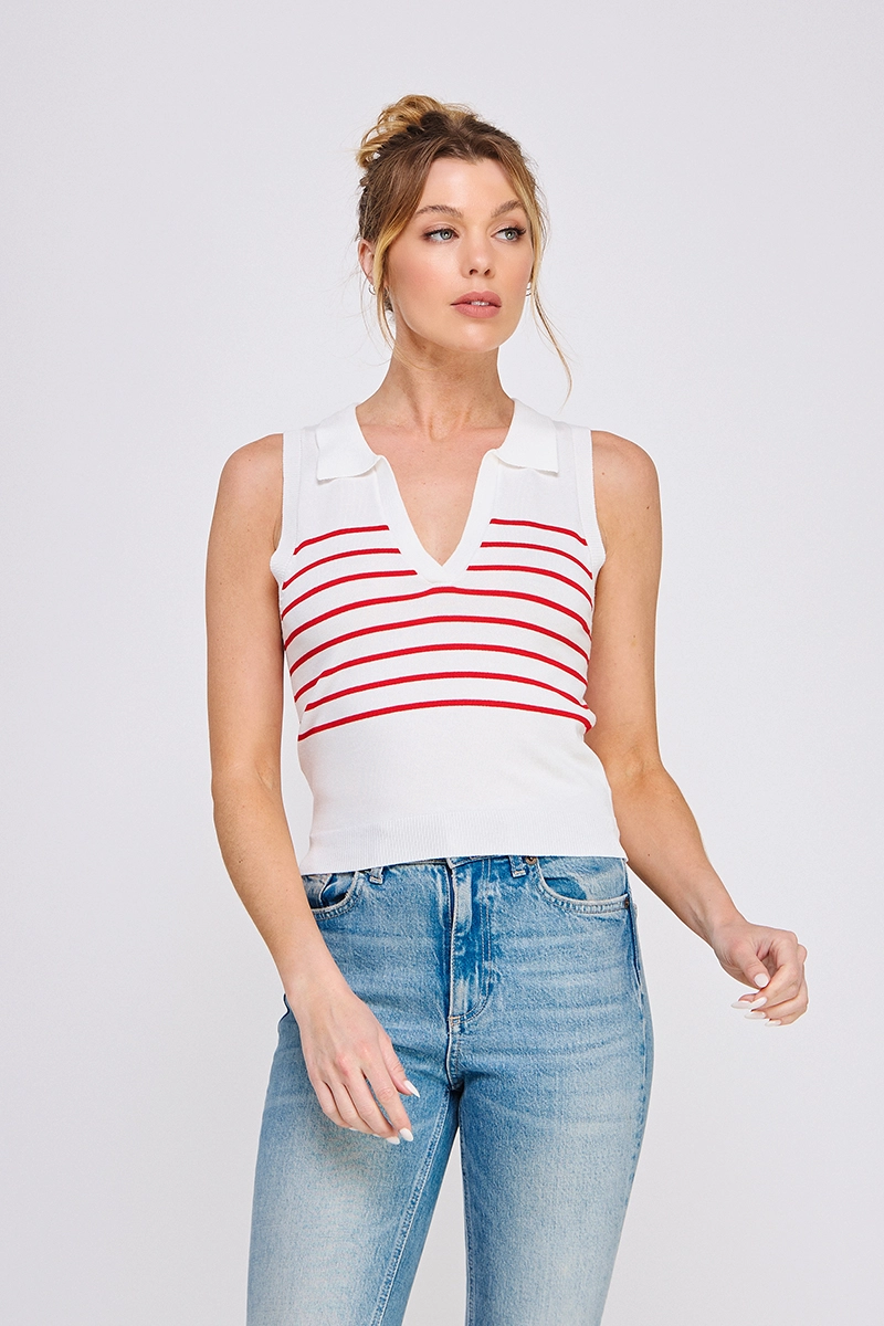 STRIPED KNIT POLO TANK
