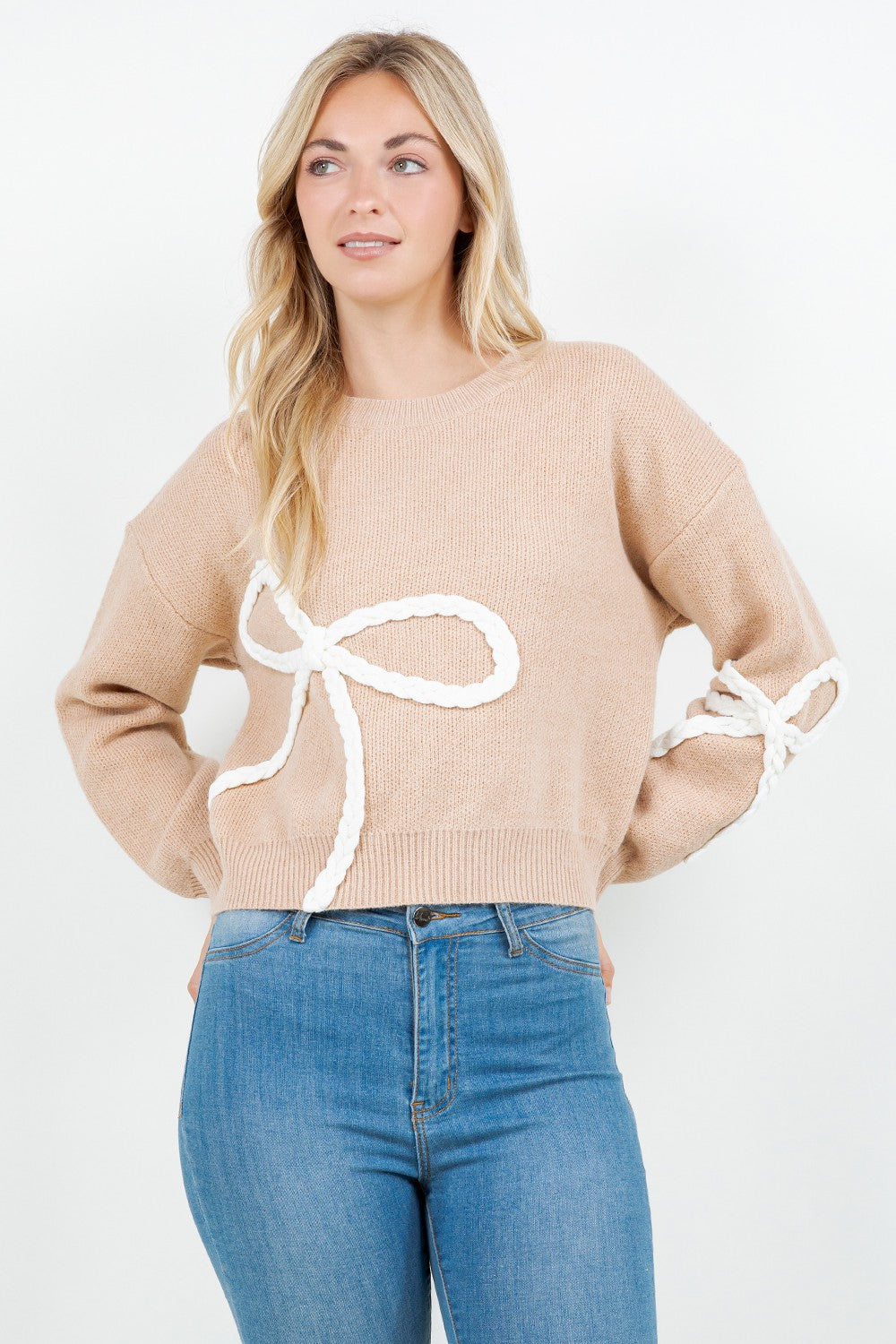 BRAIDED BOW ACCENT SWEATER