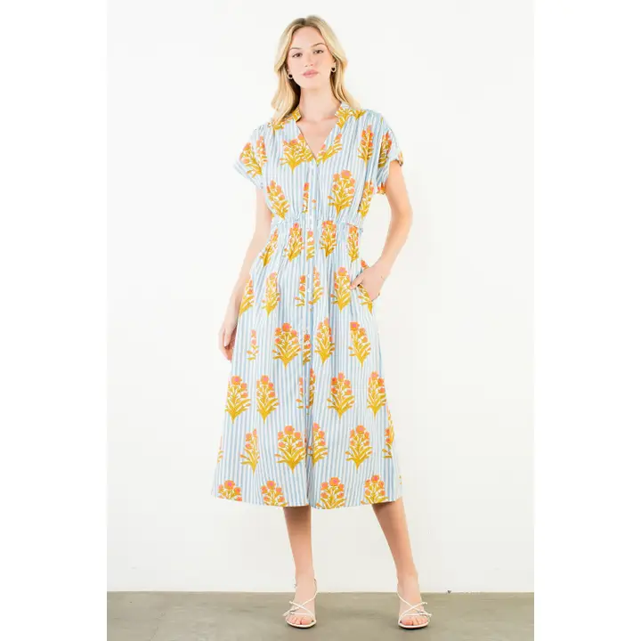 FLORAL & BLUE STRIPED MIDI DRESS