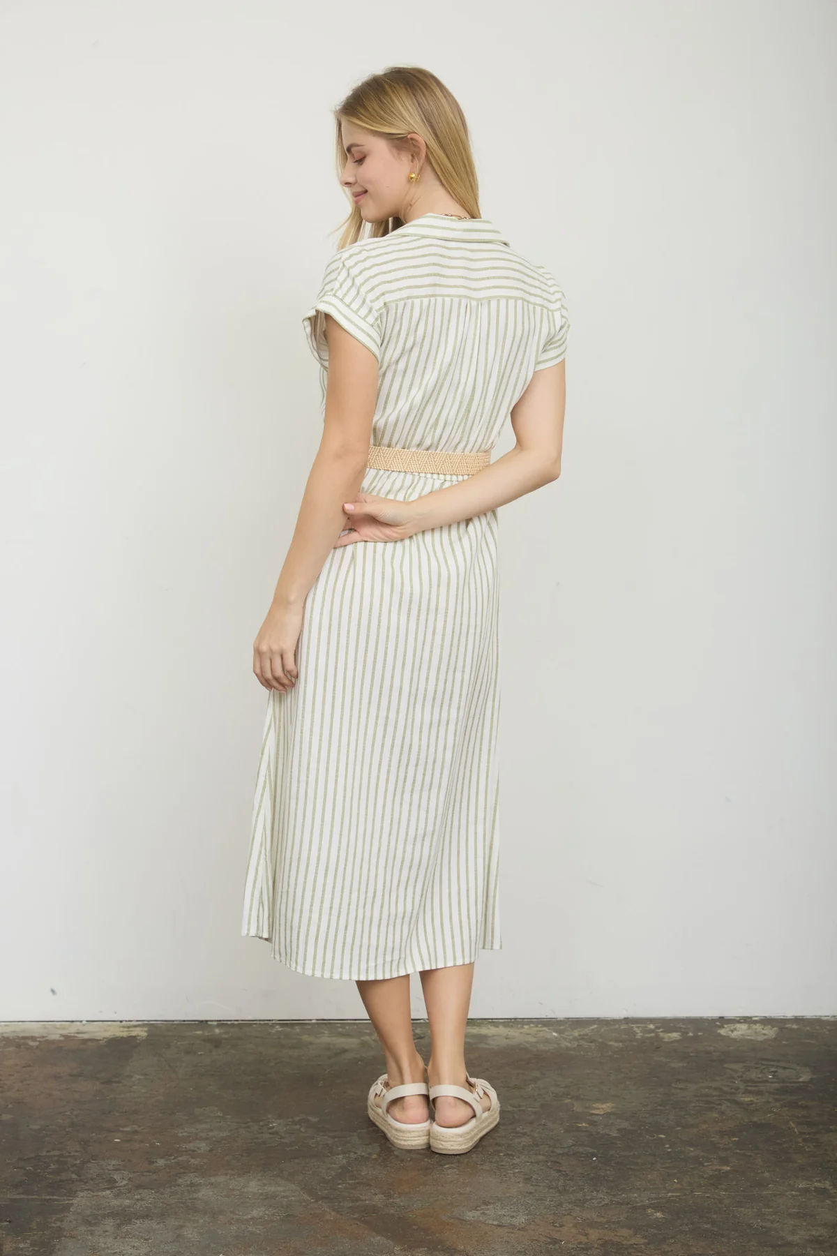 STRIPED BELTED BUTTON UP MIDI