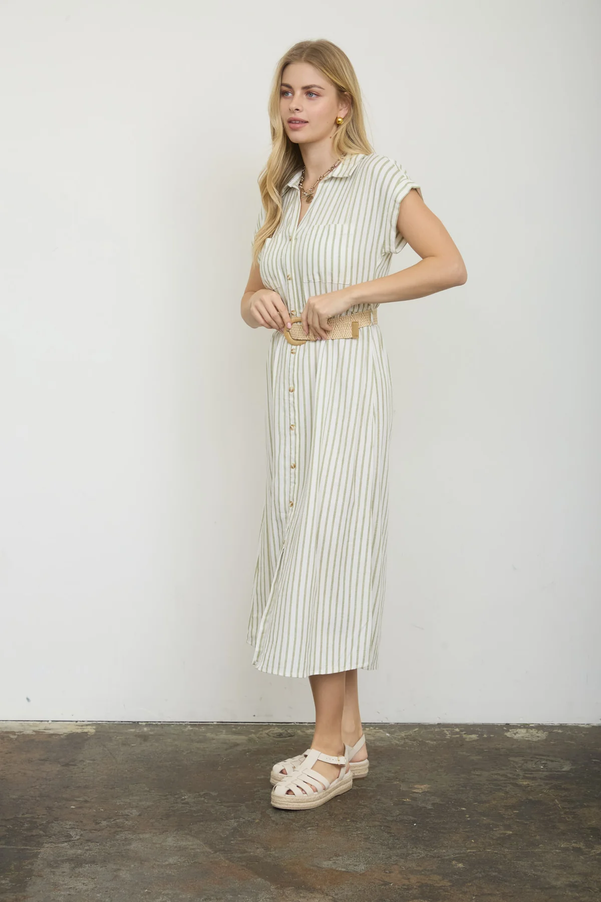 STRIPED BELTED BUTTON UP MIDI