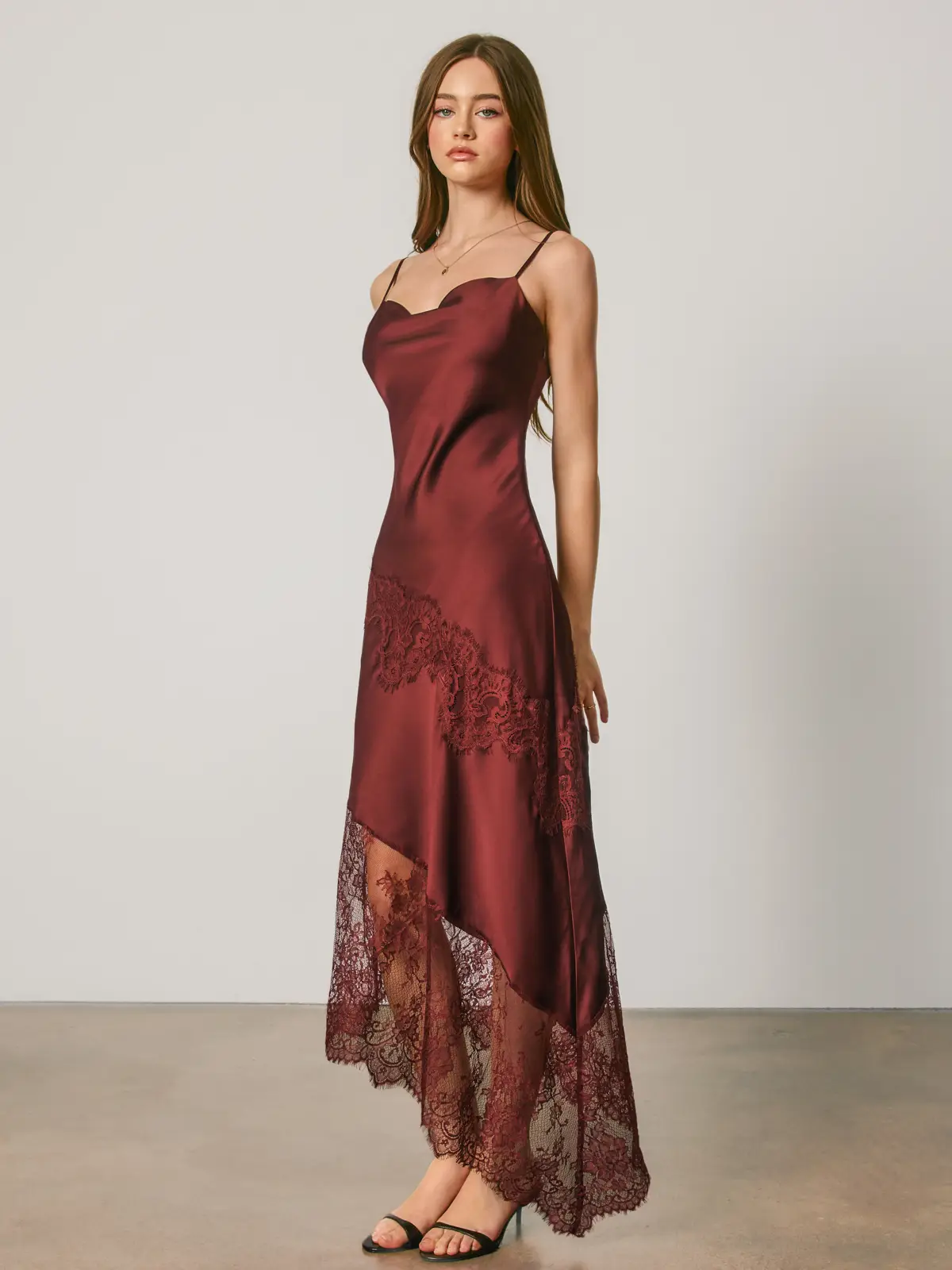 Wine satin slip midi dress alternate view