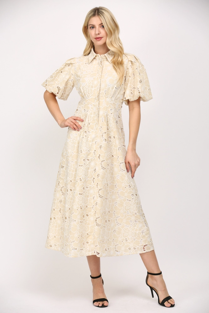 PLEATED WAIST EYELET LACE MIDI DRESS