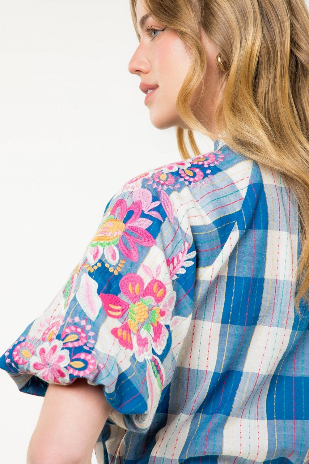 EMBROIDERED SLEEVE PLAID TOP