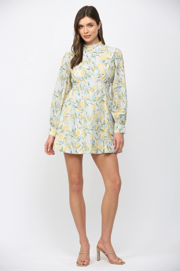 LEMON & FLORAL FIT&FLARE MINI DRESS