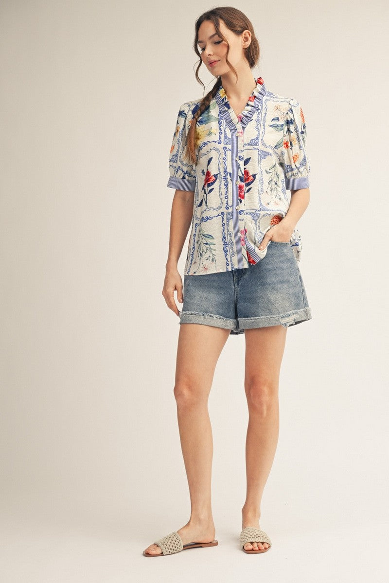 RUFFLE NECK FLORAL BUTTON DOWN TOP