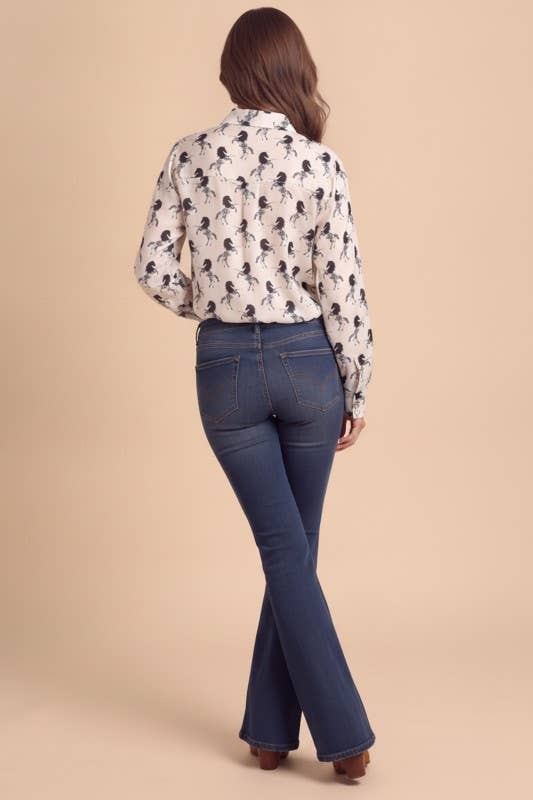 White / Black Horse-Print Snap-Button Blouse - alternate view