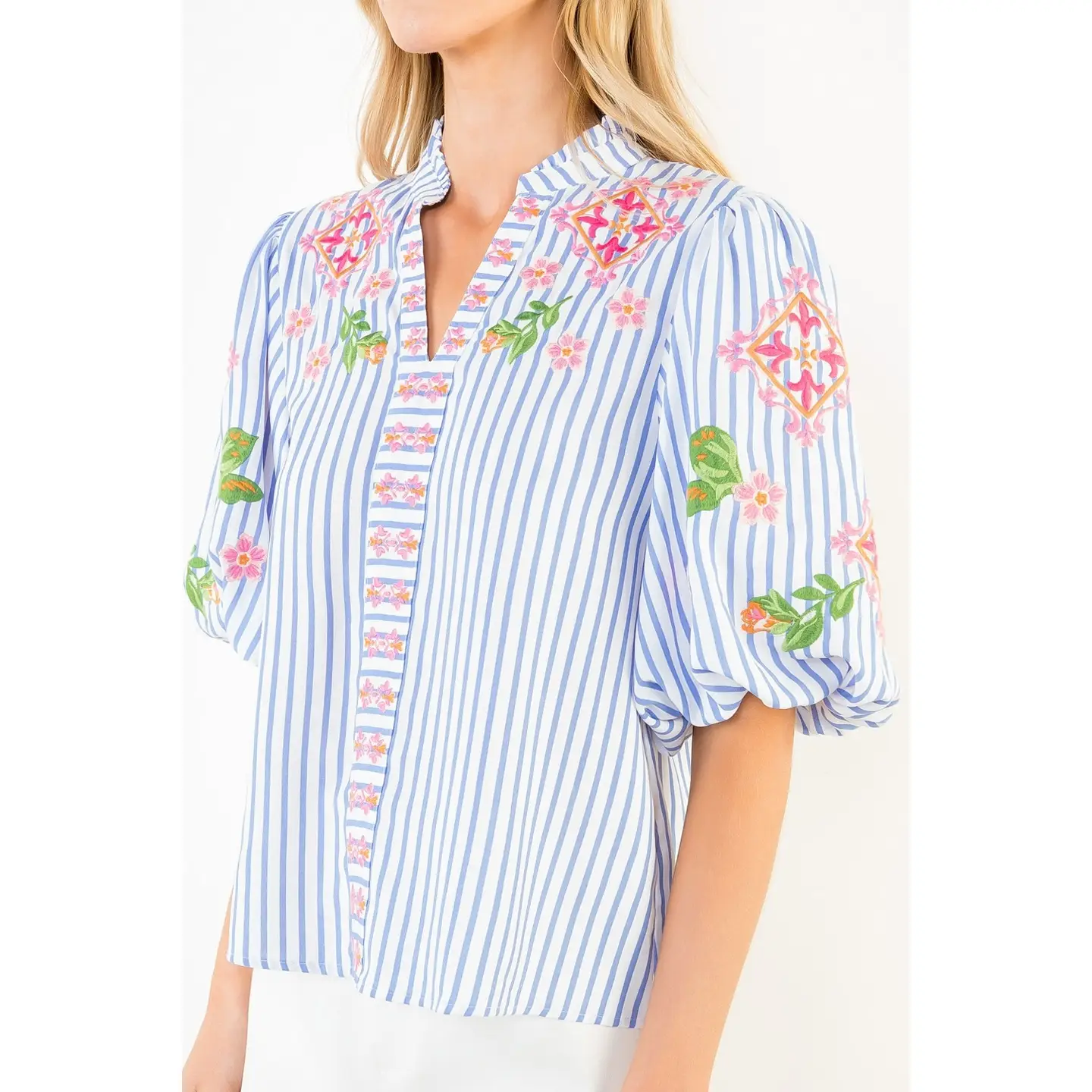 Floral Embroidered Striped Top