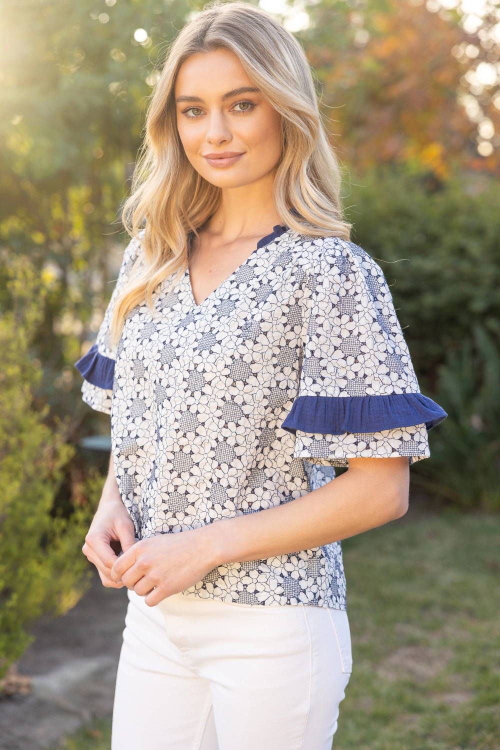 FLORAL EMBROIDERED RUFFLE ACCENT TOP