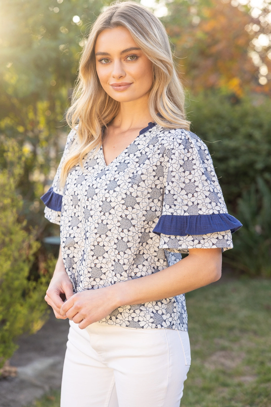 FLORAL EMBROIDERED RUFFLE ACCENT TOP