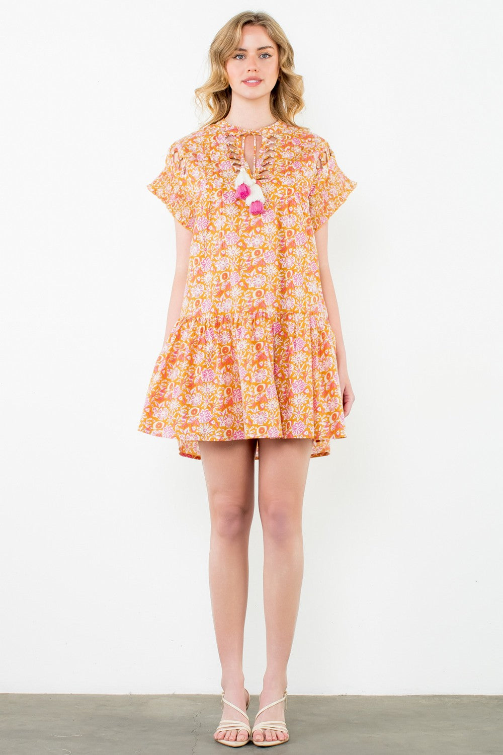 SMOCKED SLEEVE TASSEL TIE DRESS