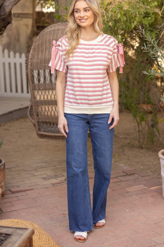 LACE UP SLEEVE STRIPE TOP