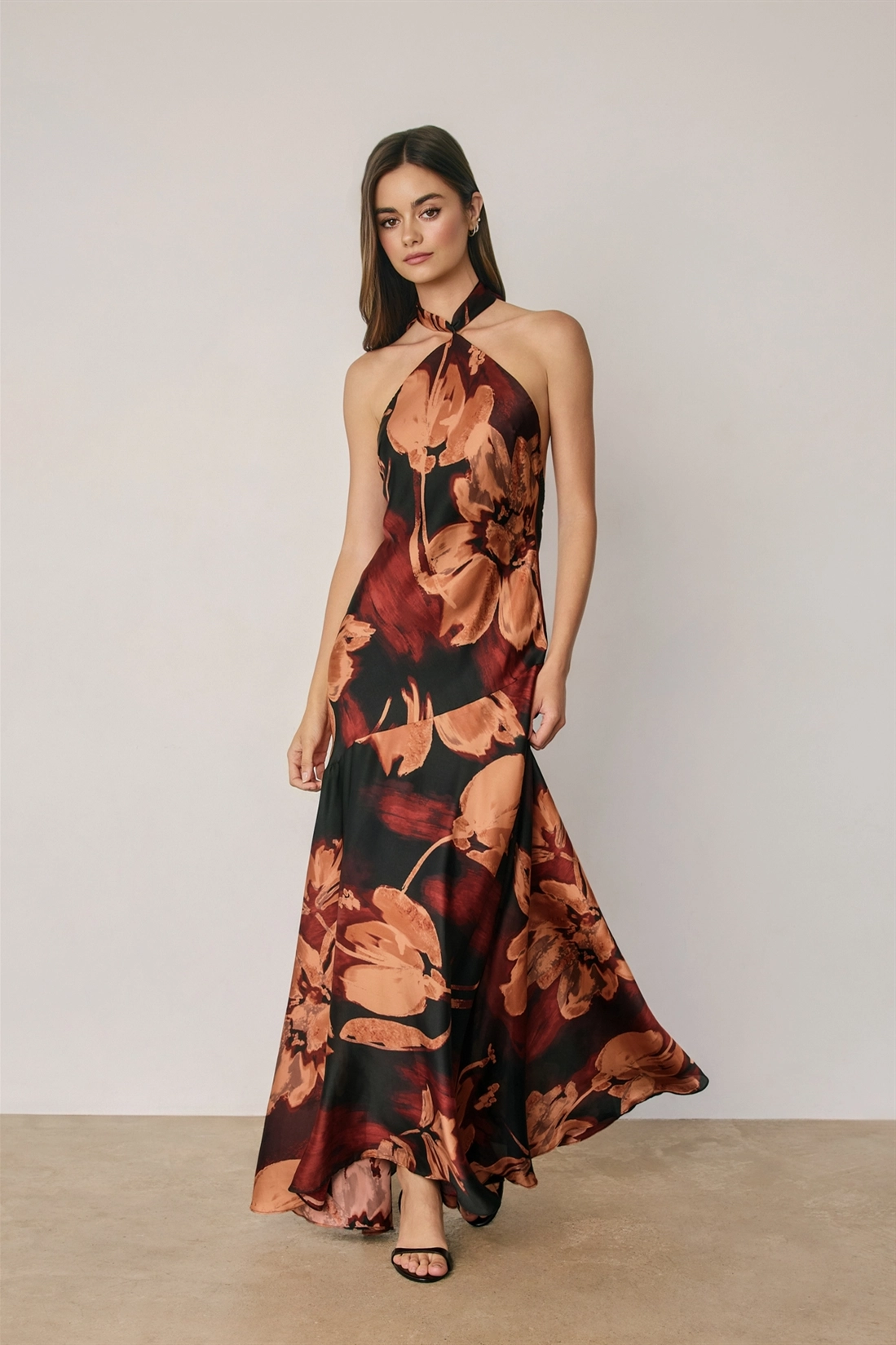 Black / Brown Floral Halter Maxi Dress - close-up view