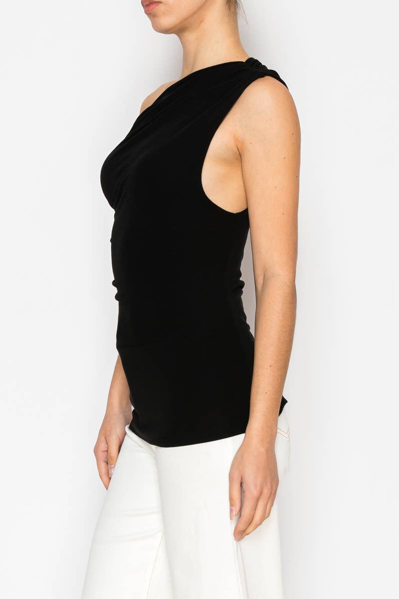 Black ruched one-shoulder top side view