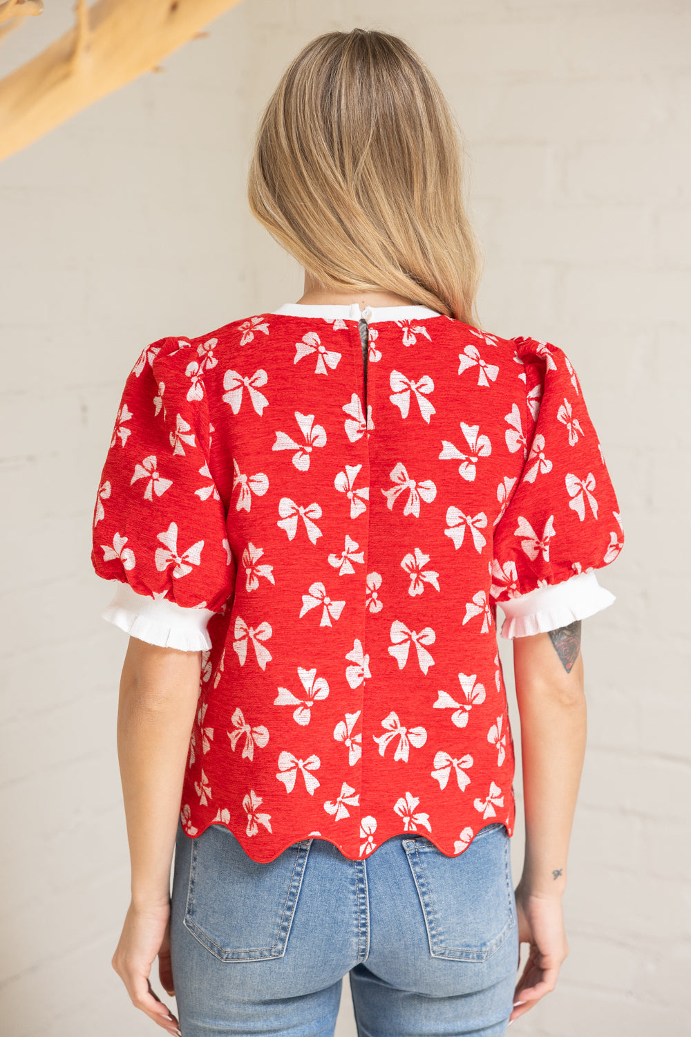 BOW PRINT VELVET TOP