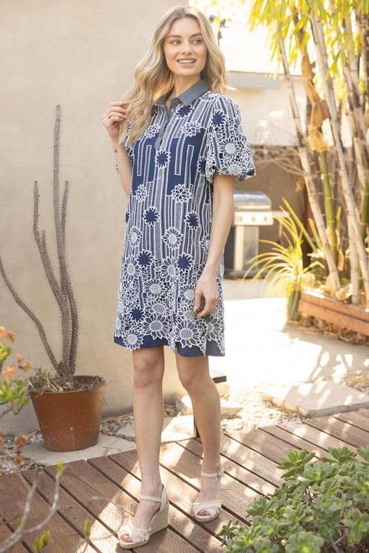 FLORAL LACE OVERLAY COLLARED DRESS