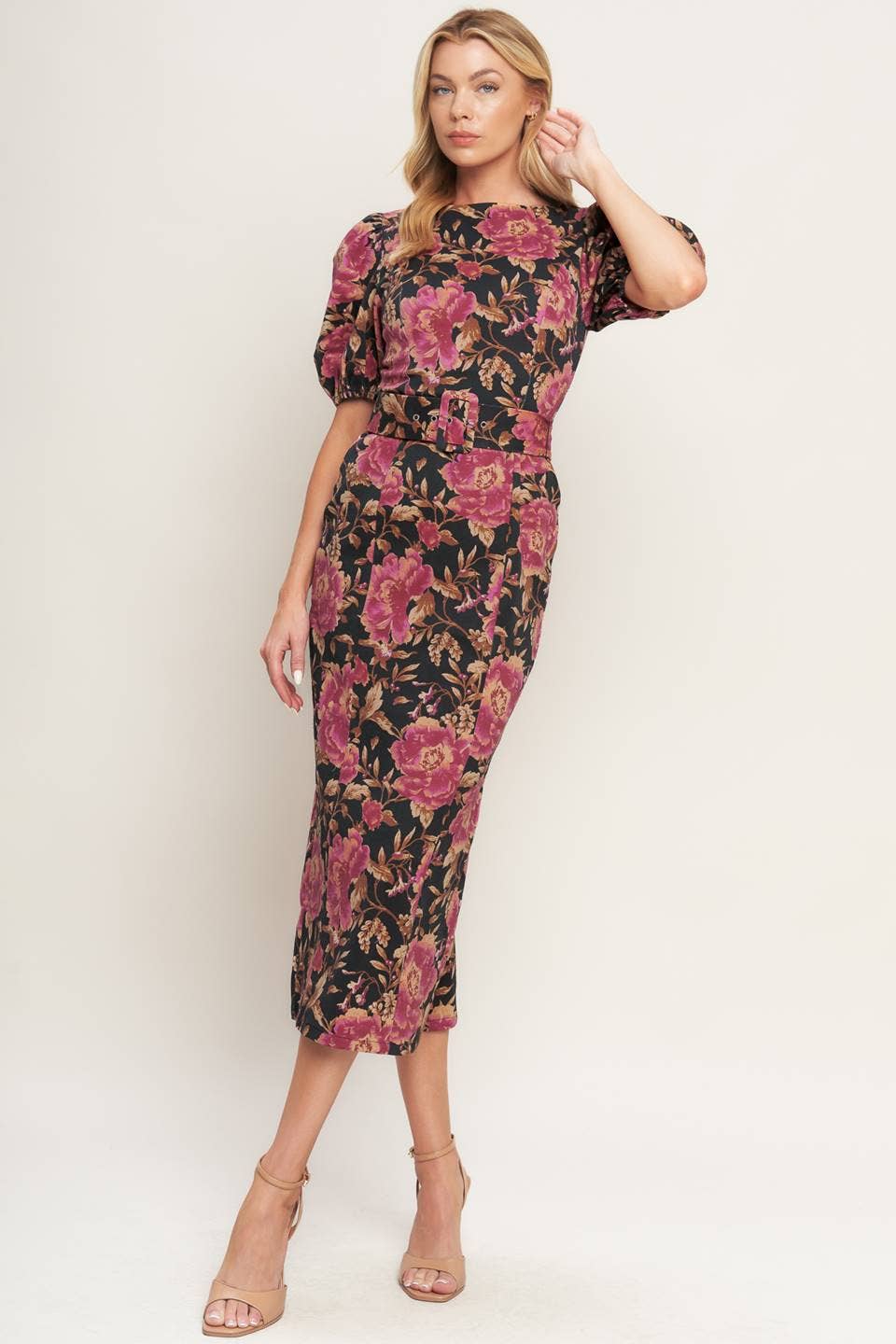 Floral Puff-Sleeve Pencil Midi Dress