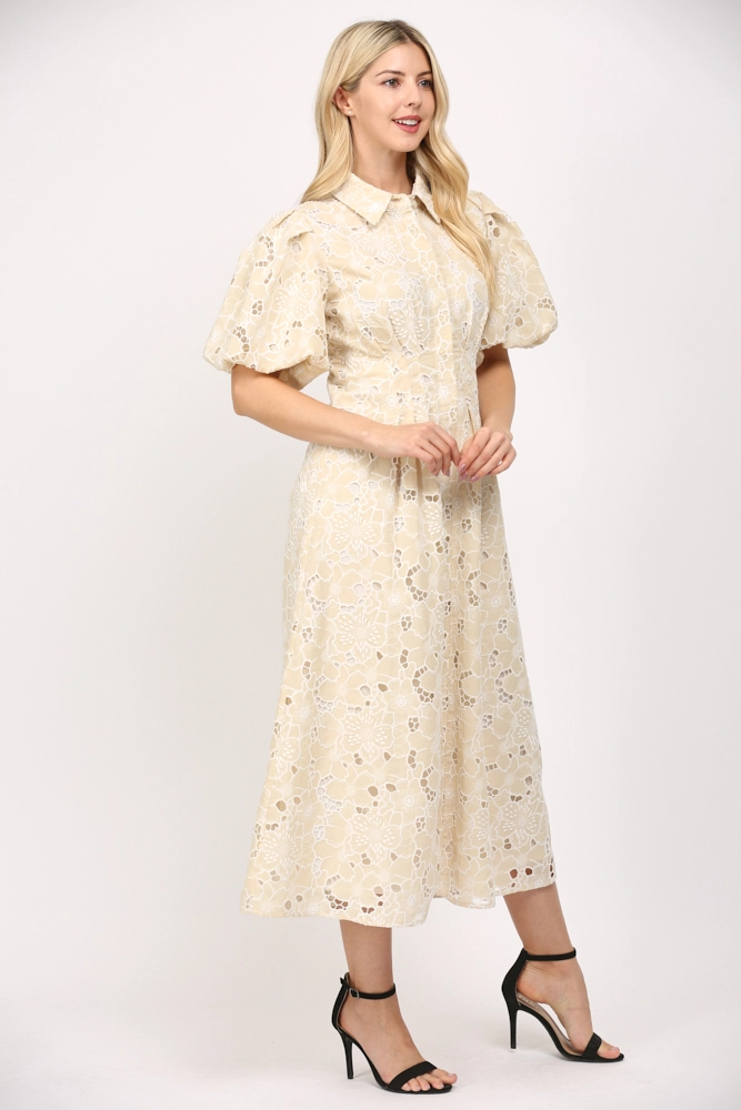 PLEATED WAIST EYELET LACE MIDI DRESS