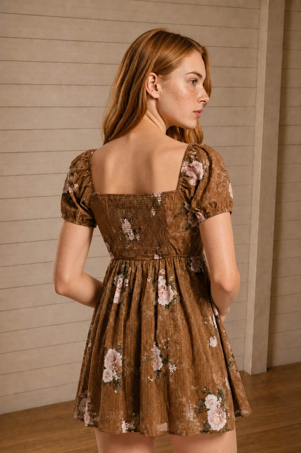Brown floral sweetheart dress styled for an event