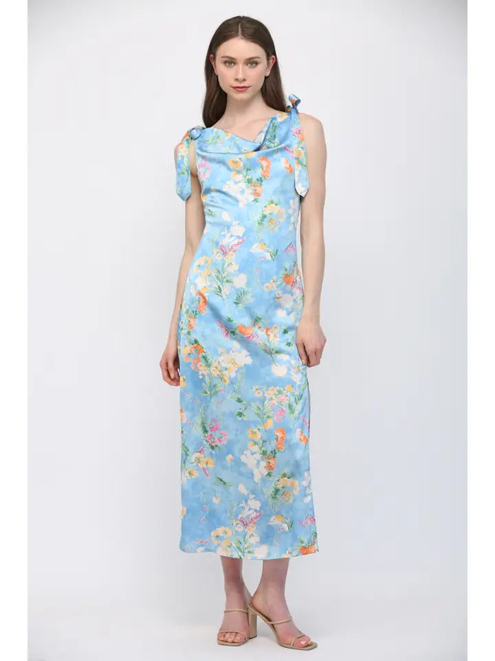 apricot blue floral dress Tie Shoulder Midi With Flowy Silhouette / MEDIUM Color:sharp pink and white MAYSALE-2026 Colors can vary depending Sparkly V Neck Long